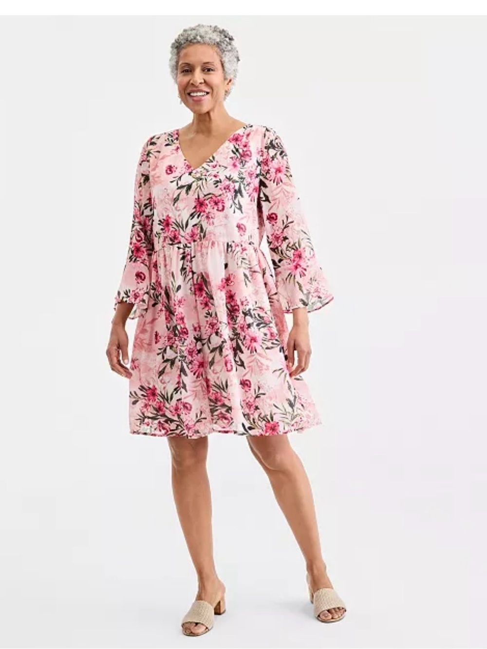 Style & Co. Pink Floral V-Neck Tiered Midi Dress Size M